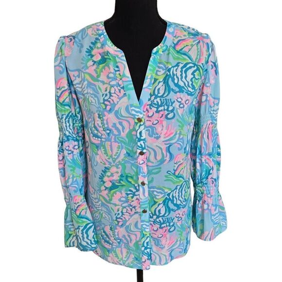 Lilly Pulitzer Womens Maritza Lileeze Button Front Blouse Ibiza Blue Aqua Small - Picture 1 of 11